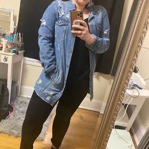 distressed long denim jacket